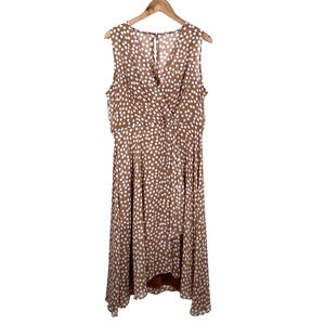 Calvin Klein Dress 14 Tan White Polka Dot Chiffon V-Neck Faux Wrap Lined Dress‎